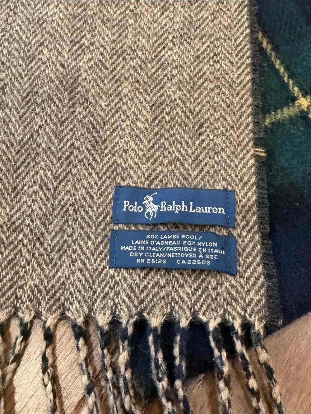 Polo Ralph Lauren Brown Herringbone & Dark Green Plaid Wool Scarf - Picture 3 of 7